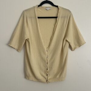 Garnet Hill Cardigan Sweater Cashmere Ruffle Edge V Neck Short Sleeve Yellow L
